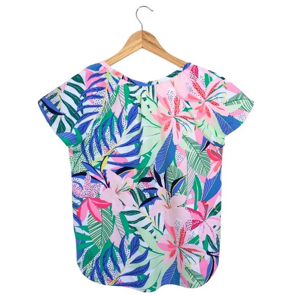 LOFT Floral Tropical Print Women’s Blouse - Short Sleeve Scoop Neck Top, Size M - Picture 2 of 7